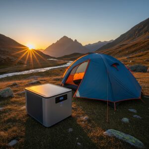A BougeRV portable solar fridge at a campsite.