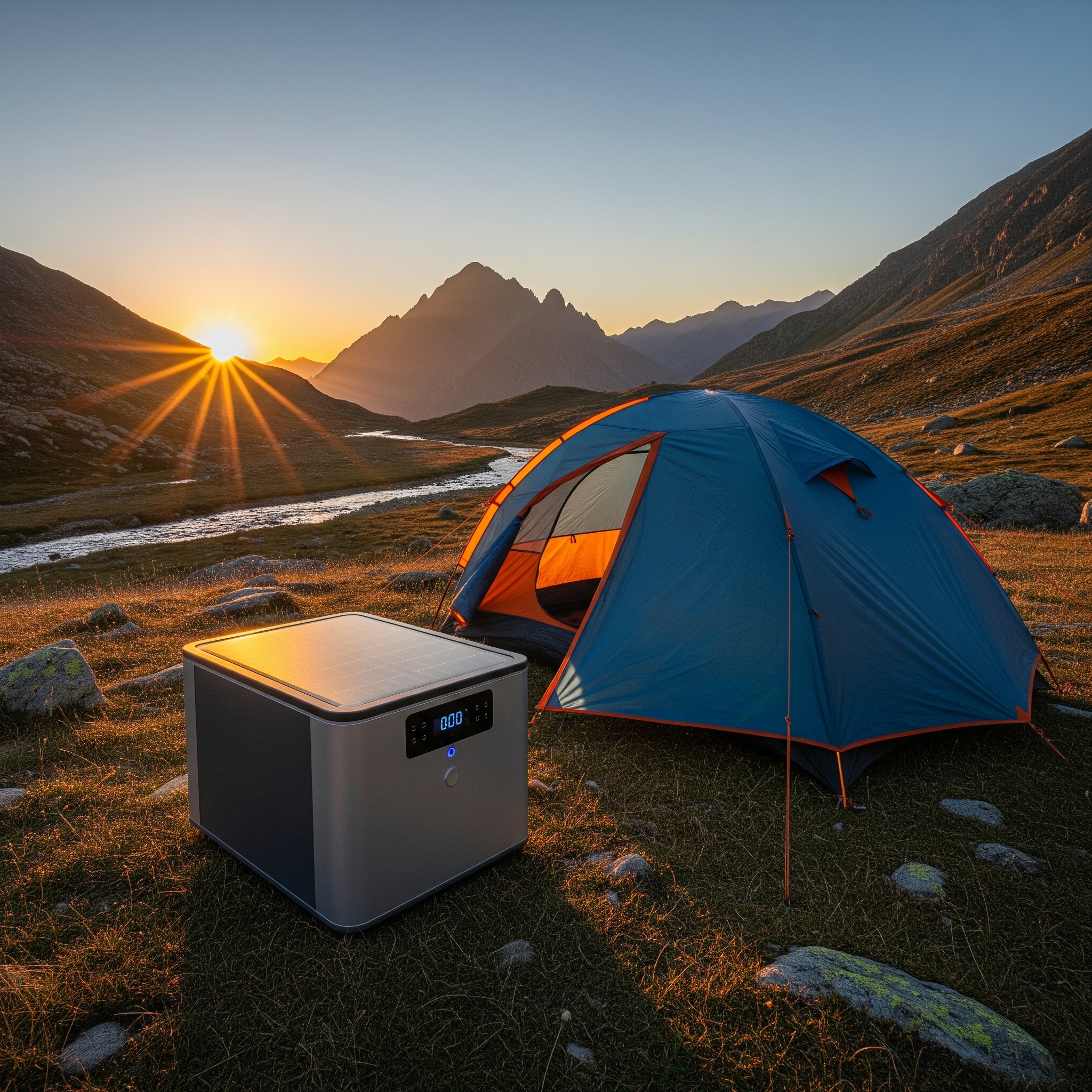 A BougeRV portable solar fridge at a campsite.