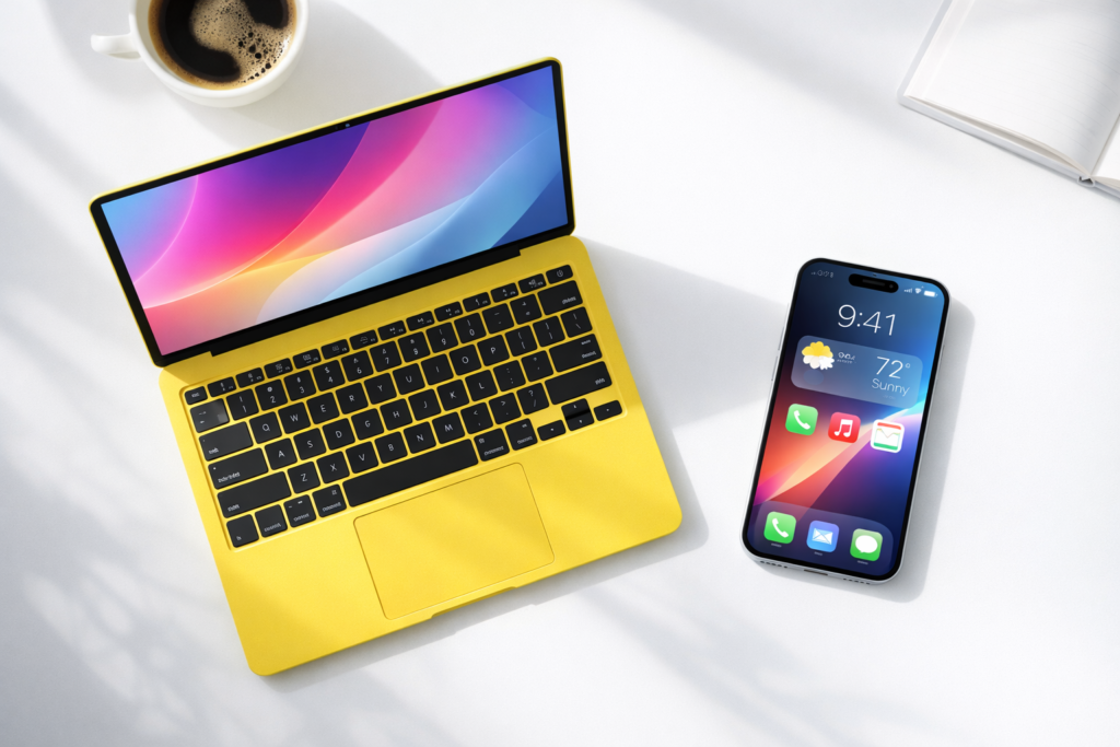 Apple MacBook Neo laptop in vibrant color options on clean white desk