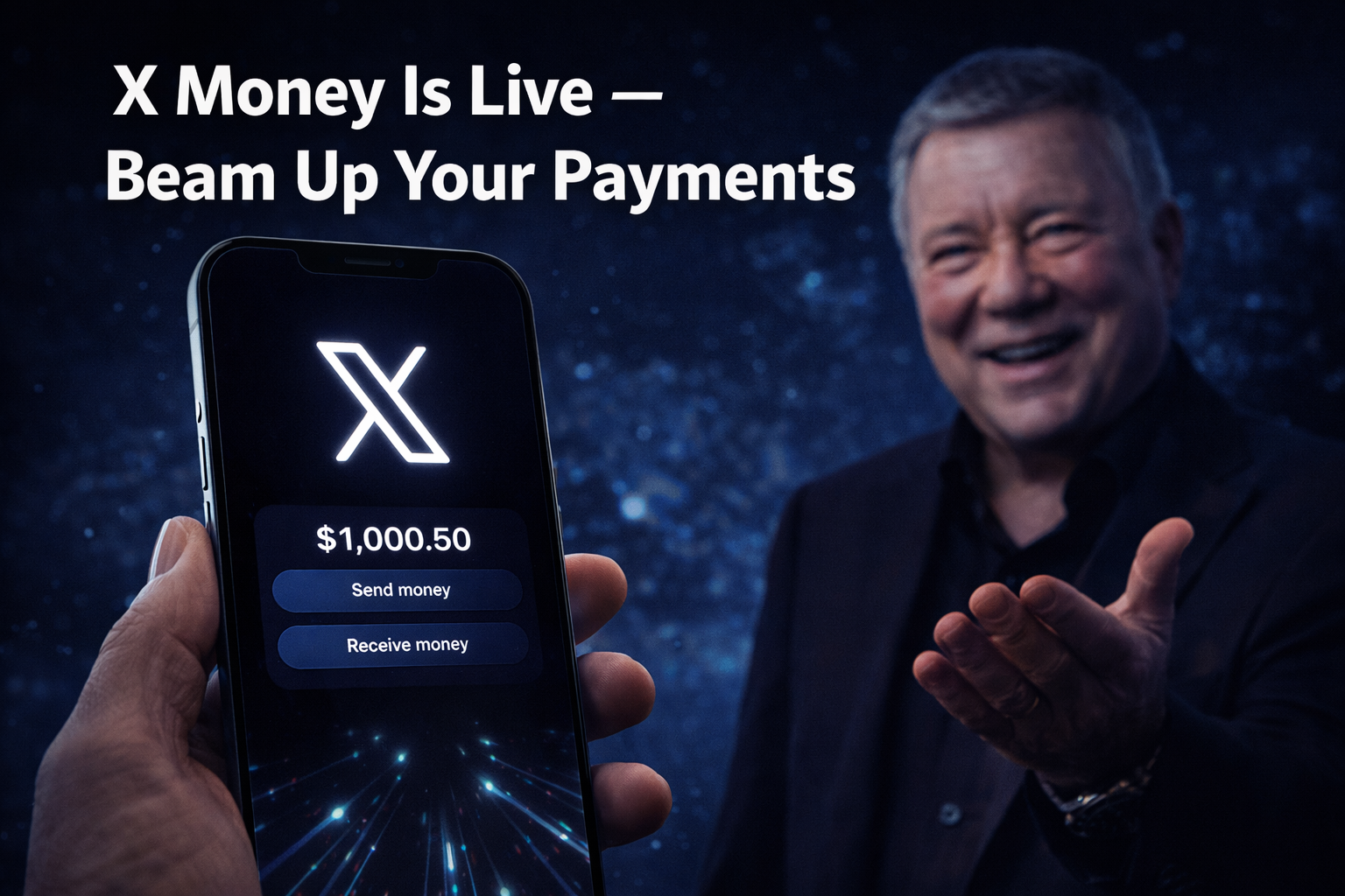 X Money payments app launch 2025 — Elon Musk X platform digital wallet with William Shatner invite