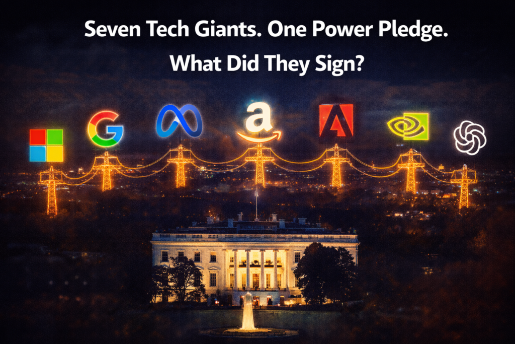 Seven tech giants Trump data center electricity pledge — Amazon Microsoft Google power commitment 2025